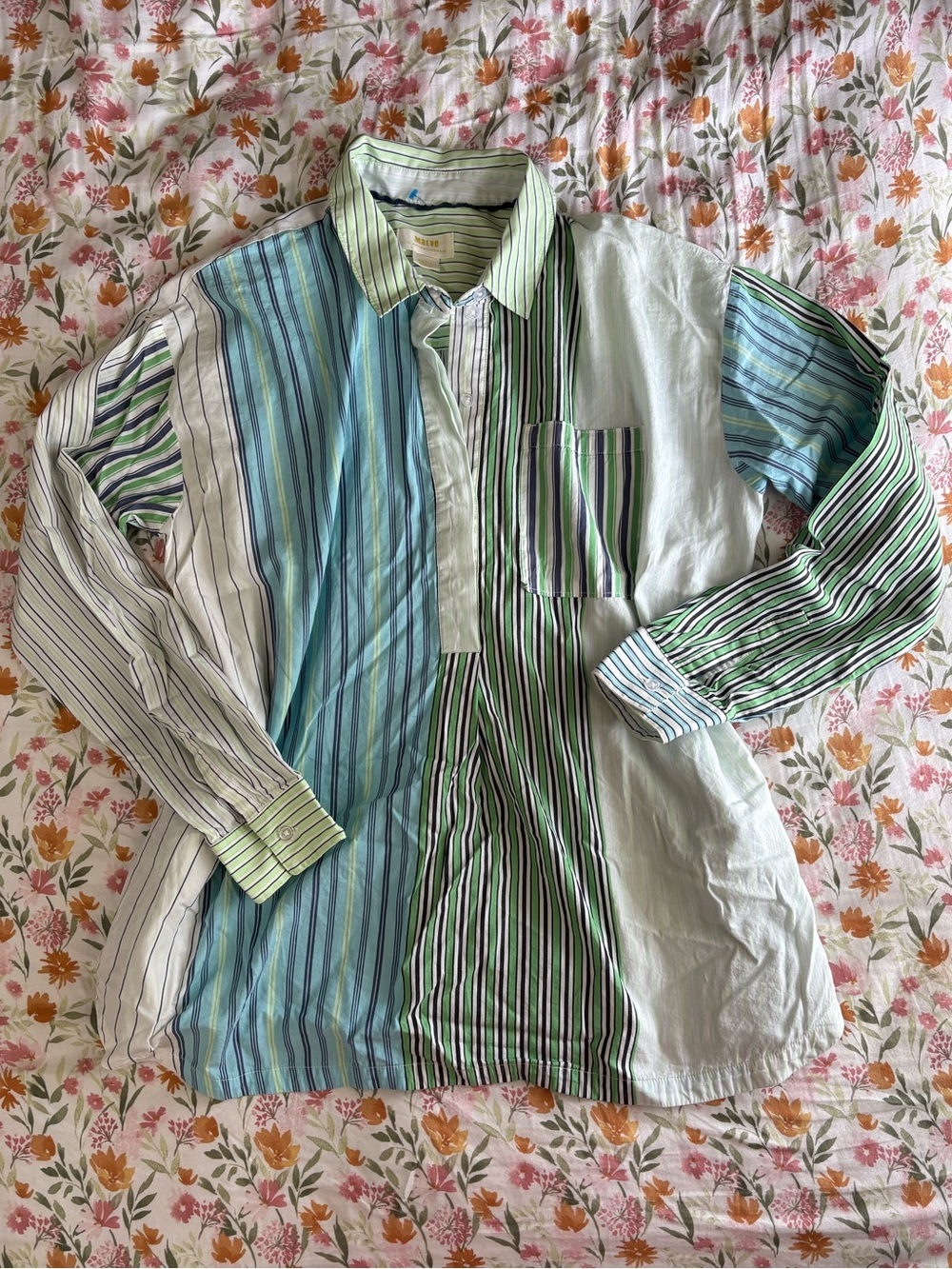 Maeve Anthropologie Vibrant Striped Henley Blouse Size Small Oversized Coastal